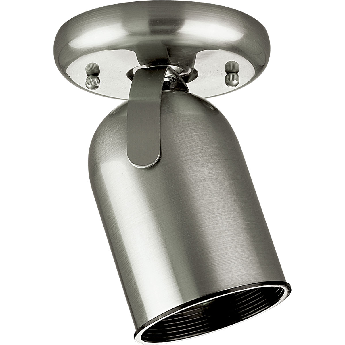 The contemporary design of this Progress Lighting one-light fixture updates the look of any room in your home. This multi-directional light comes in a clean, Brushed Nickel finish that complements almost any style. One-light round back ceiling mount directional in Brushed Nickel finish.