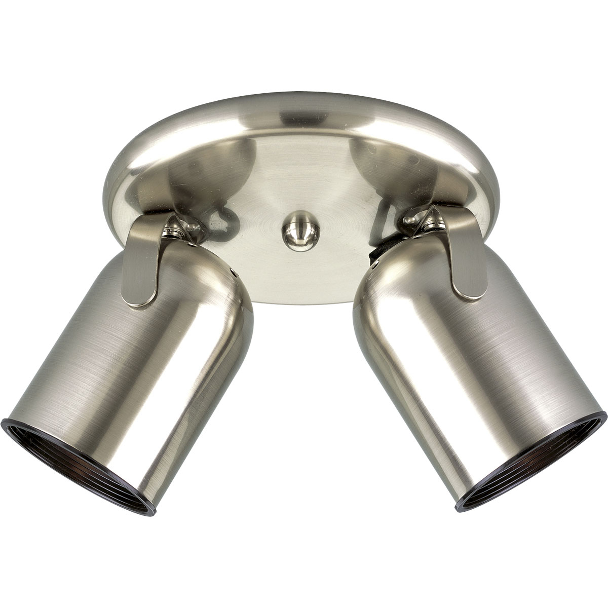 Two-light round back ceiling mount directional in Brushed Nickel finish.