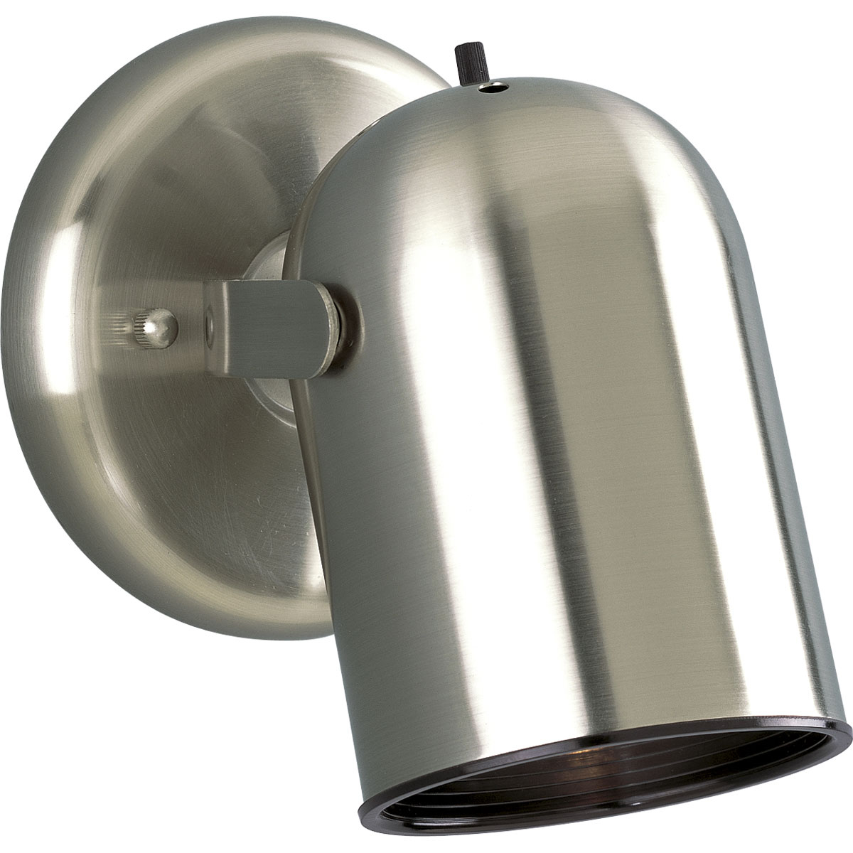 One-light round back wall or ceiling mount directional with on/off switch in Brushed Nickel finish.