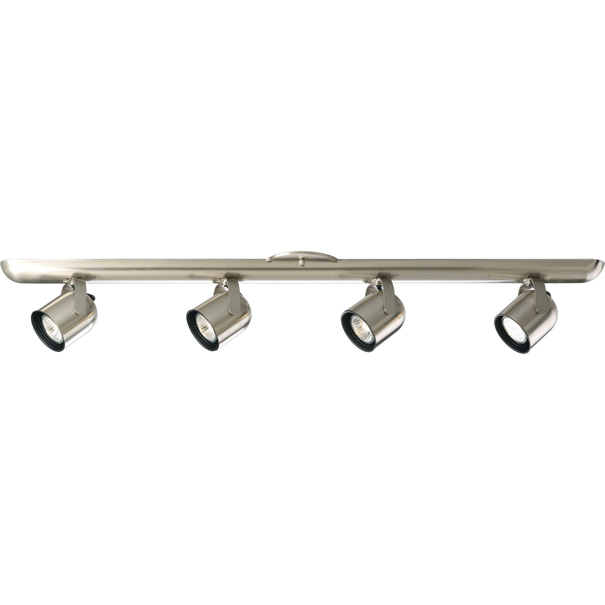 Four-light round back wall or ceiling mount directional. Transitional design in a Brushed Nickel finish will be a stylish complement to your decor. Four independently adjustable track heads to direct and focus light where needed - track heads rotate 350-degrees and has a 60-degree tilt. MR16 bulbs included.
