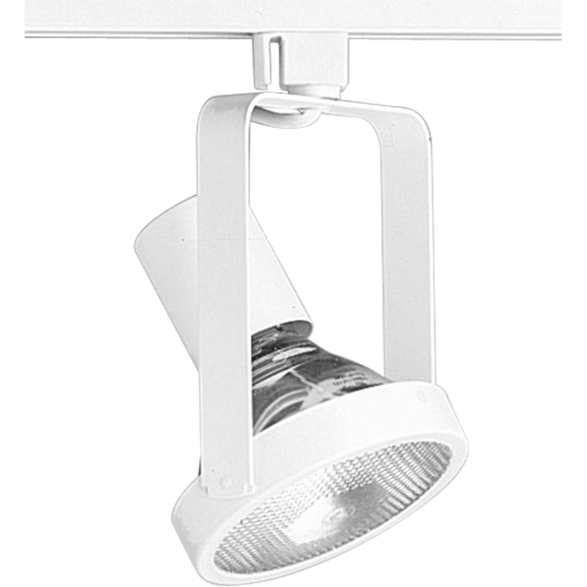 White high tech Alpha Trak track head with 360 degree horizontal rotation and 90 degree vertical rotation.  Excellent for both residential and retail locations. Use one 250W PAR 38 bulb.