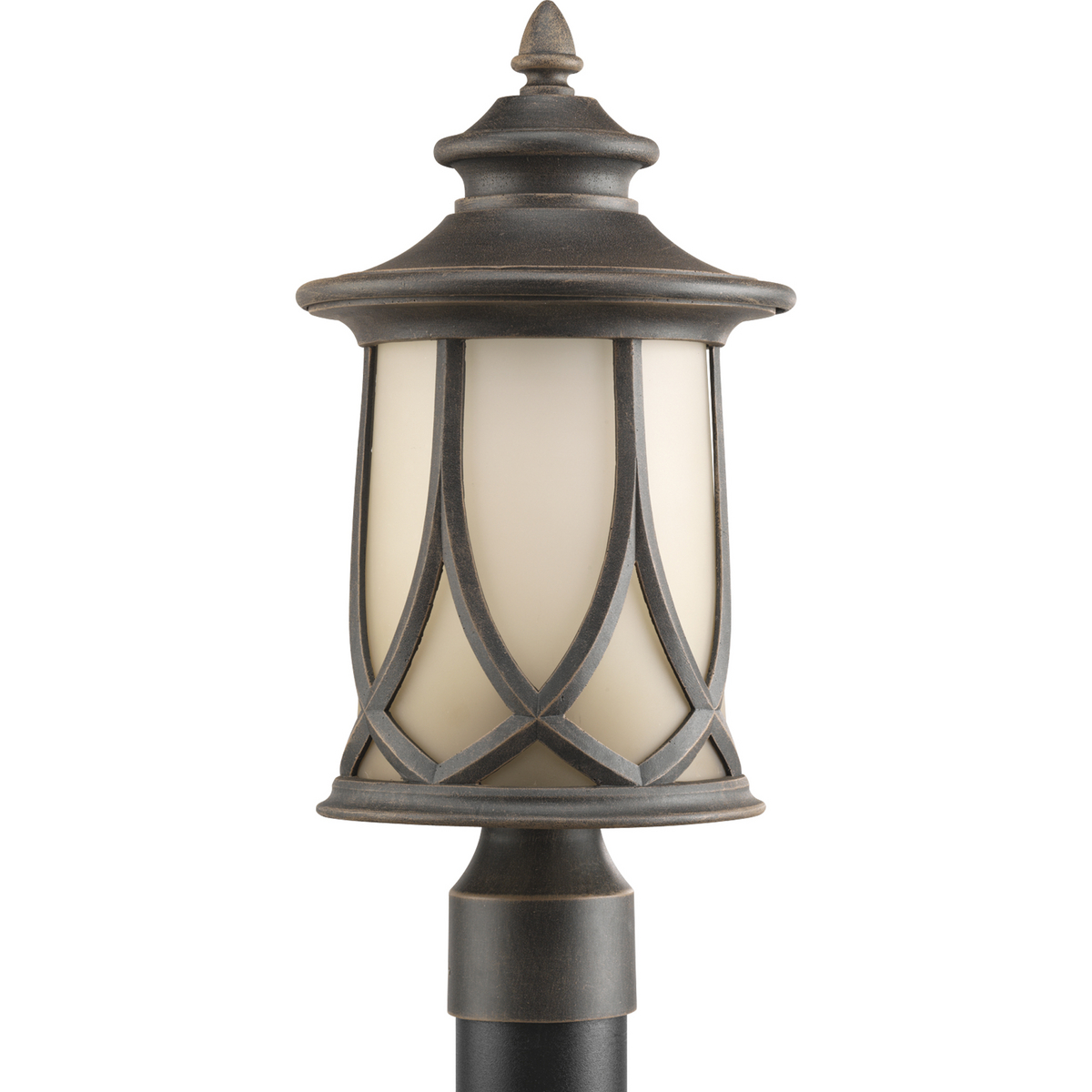 Tudor styling meets prairie design. Gradual umber tint on glass shades. A woven cast pattern encases a casual profile. Large scale cast aluminum lantern feature a durable powder coat finish. One-light post lantern.