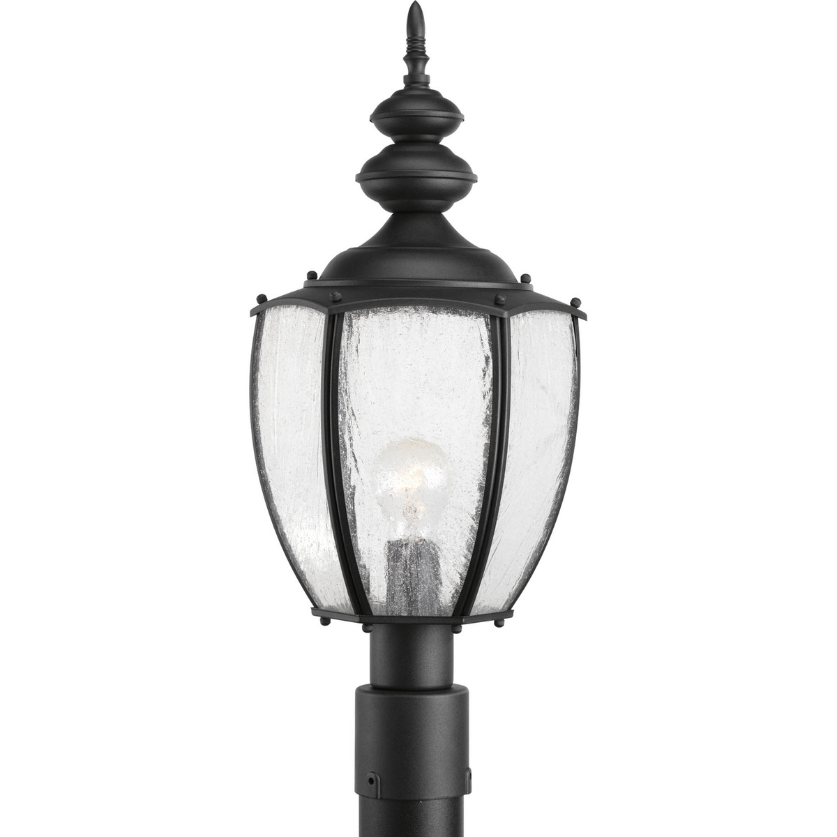 Solid one-light large post lantern in rich weathered finish is complemented by seeded glass panels - a great choice for low maintenance and years of enjoyment. Black finish. (Fits 3 in post - order separately).