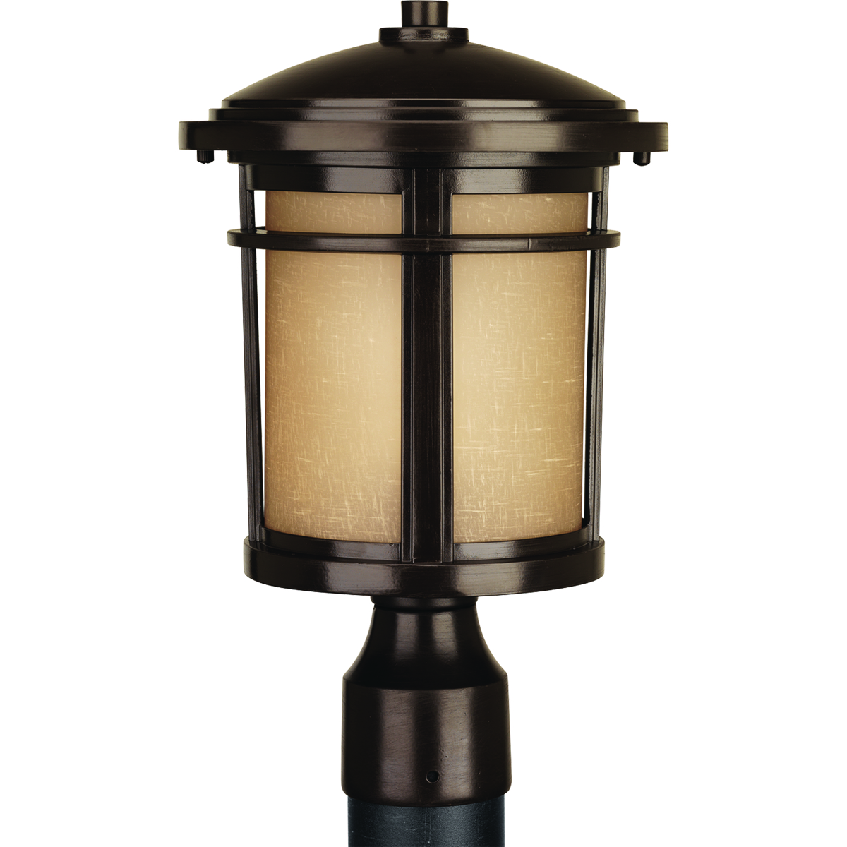 Illuminate your home with this remarkable bronze finished post. Post lantern with etched umber linen glass.