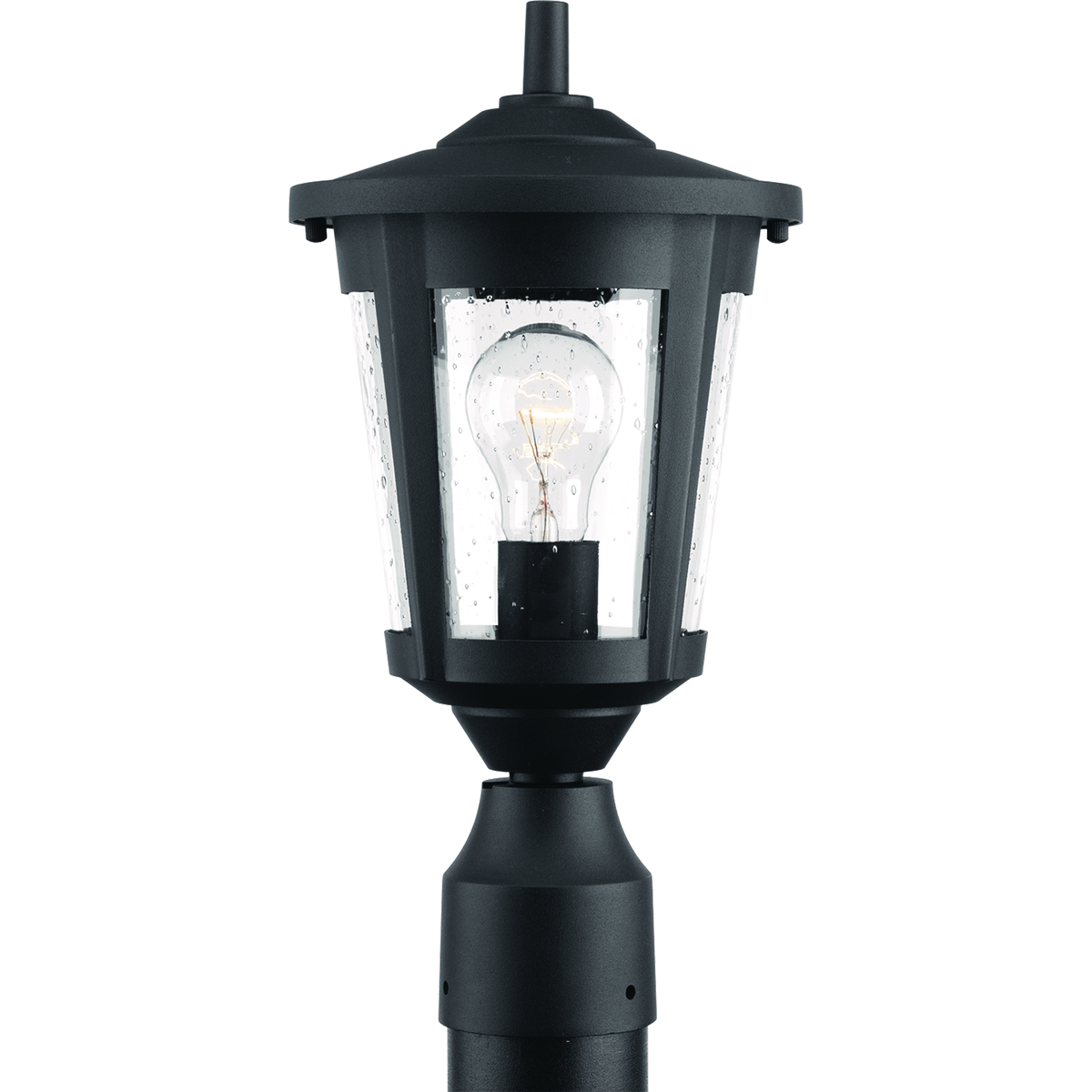 The East Haven Collection offers modern styling to complement a wide variety of home styles. The one-light post lantern has a Black frame that cradles a seeded glass shade. Fits 3 in post (order separately). Hanging and wall mounting fixtures complete the collection.