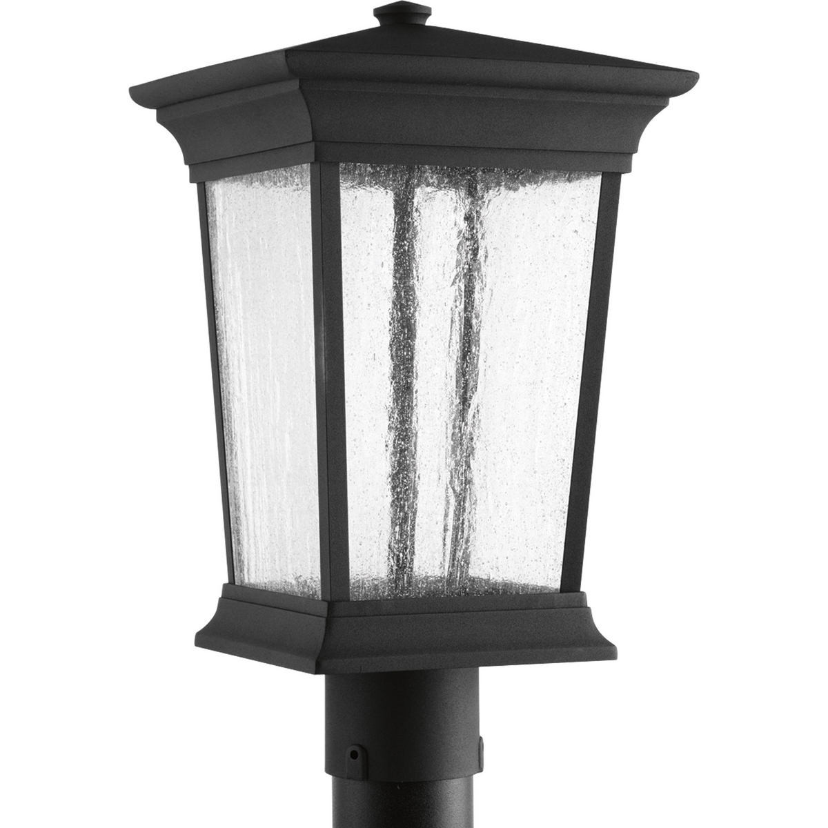 Arrive LED lanterns feature a die-cast aluminum, powder coated frame and heavily textured glass. One-light post wall lantern. 90+ CRI, 3000K, 1,211 lumens 71.2 lumens/watt per module (source).
