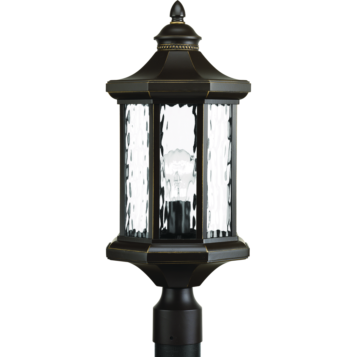 The one-light post lantern in the Edition collection features distinctive octagonal shape for classic styling. Clear water glass elements are accented by a Antique Bronze finish. Die-cast aluminum construction with a powder coat finish makes this a durable style for updating a home's curb appeal. Fits 3 in post.