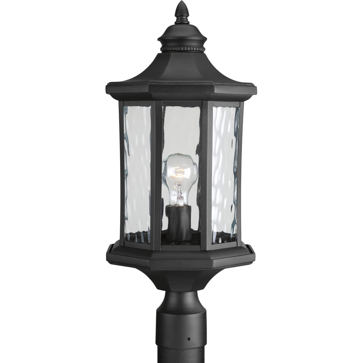 One-light post lantern with a distinct octagonal shape for classic styling, highlighted by clear water glass elements.