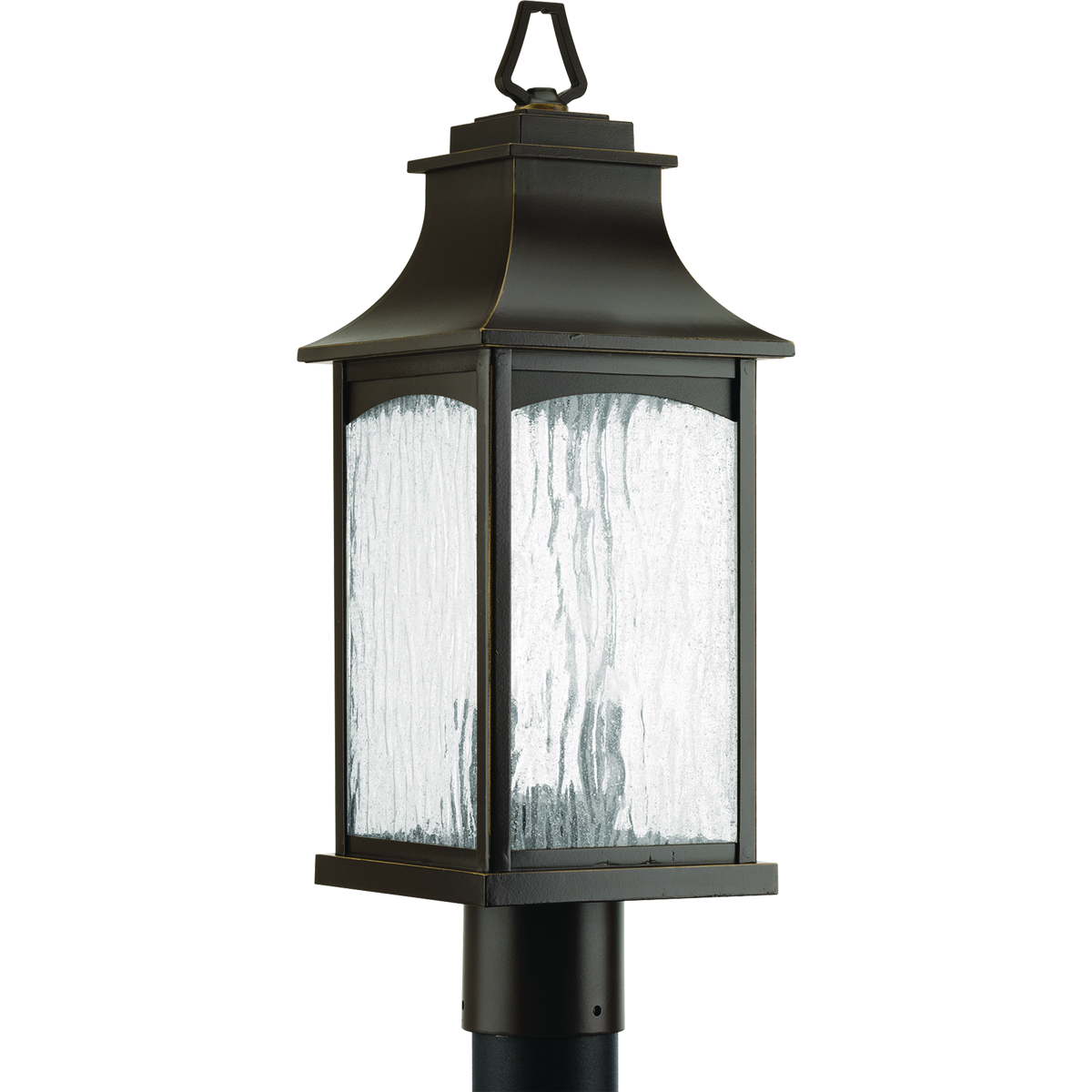 Two-light post lantern in the Maison Collection offers traditional French country styling for a variety of home settings. Classic and formal clear water seeded glass complements the powder coat finish. Oil Rubbed Bronze finish.