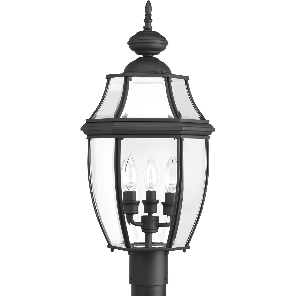 A Black finish complements clear beveled glass in the New Haven outdoor post lantern. Durable aluminum construction. Fits 3 in post (order separately). Post, hanging and wall options are available.