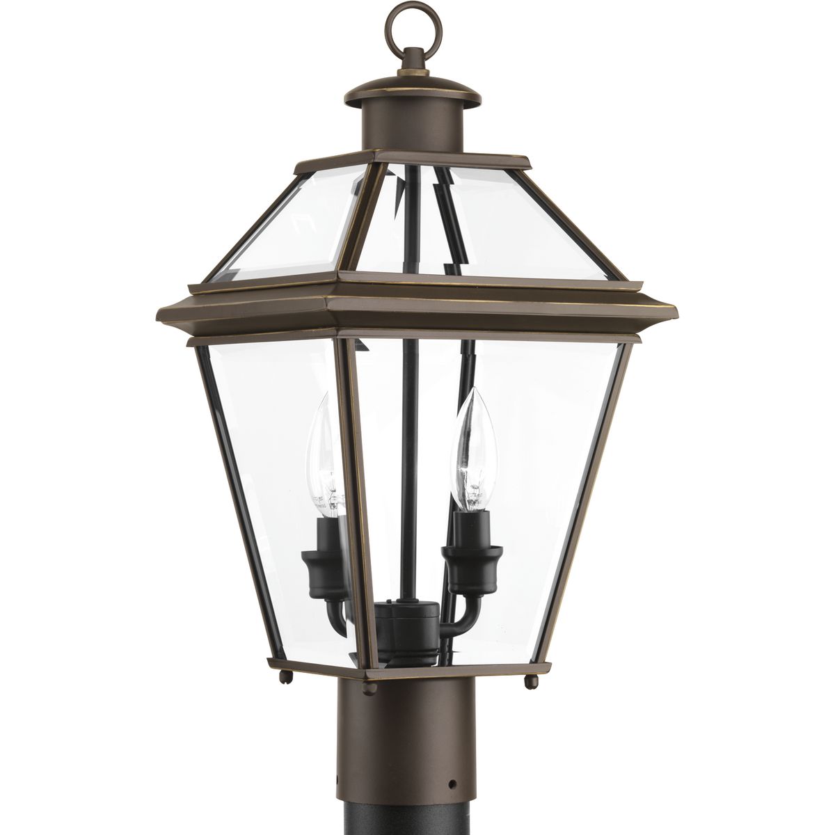 The two-light post lantern from the Burlington outdoor collection is constructed from aluminum for durable, weather-resistant performance. An Antique Bronze finish complements the clear beveled glass. Fits 3 in post (order separately).