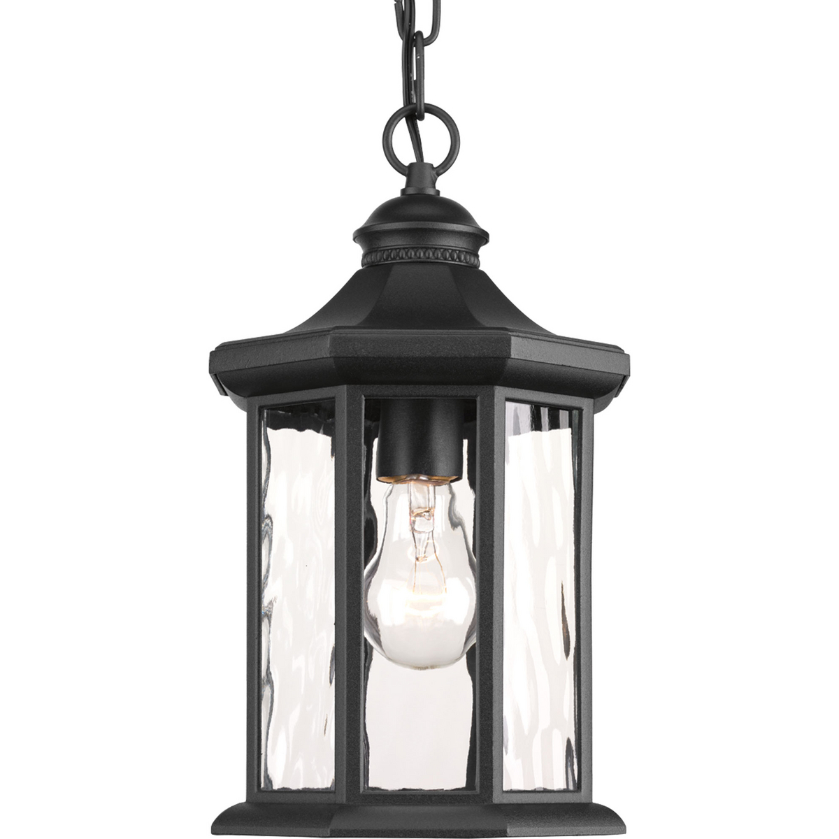 One-light hanging lantern with a distinct octagonal shape for classic styling, highlighted by clear water glass elements.