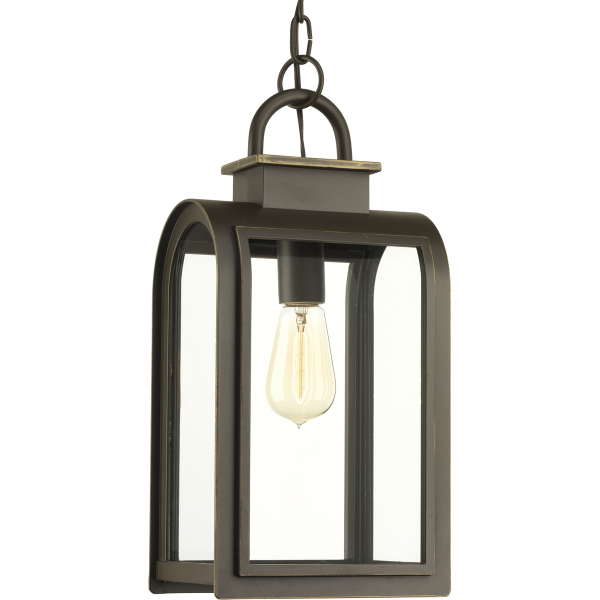 One-light hanging lantern in a Cape Cod-inspired frame pays homage to a classic nautical style. Light output and geometric forms offer visual interest to outdoor exteriors. Clear glass windows provides a beautiful effect when illuminated.