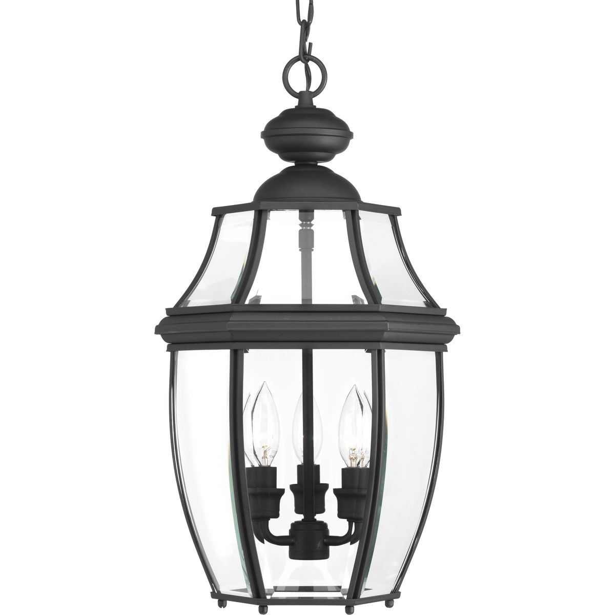 A Black finish complements clear beveled glass in the New Haven outdoor hanging lantern. Durable aluminum construction. Open bottom design allows easy access to replace lamps without removing any pieces. Post, hanging and wall options are available.