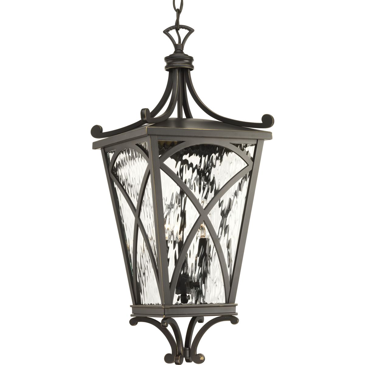 The Cadence three-light hanging lantern showcases classic styling with clear water glass panels and traditional lighted clusters. Mediterranean-style frame is finished in Oil Rubbed Bronze. This Design Series collection has four lantern sizes, hanging lantern and post lantern.
