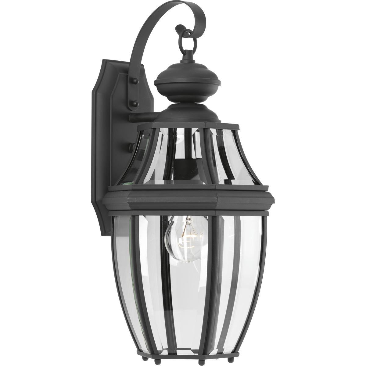 A Black finish complements clear beveled glass in the New Haven outdoor medium wall lantern. Durable aluminum construction. Open bottom design allows easy access to replace lamps without removing any pieces. Post, hanging and wall options are available.