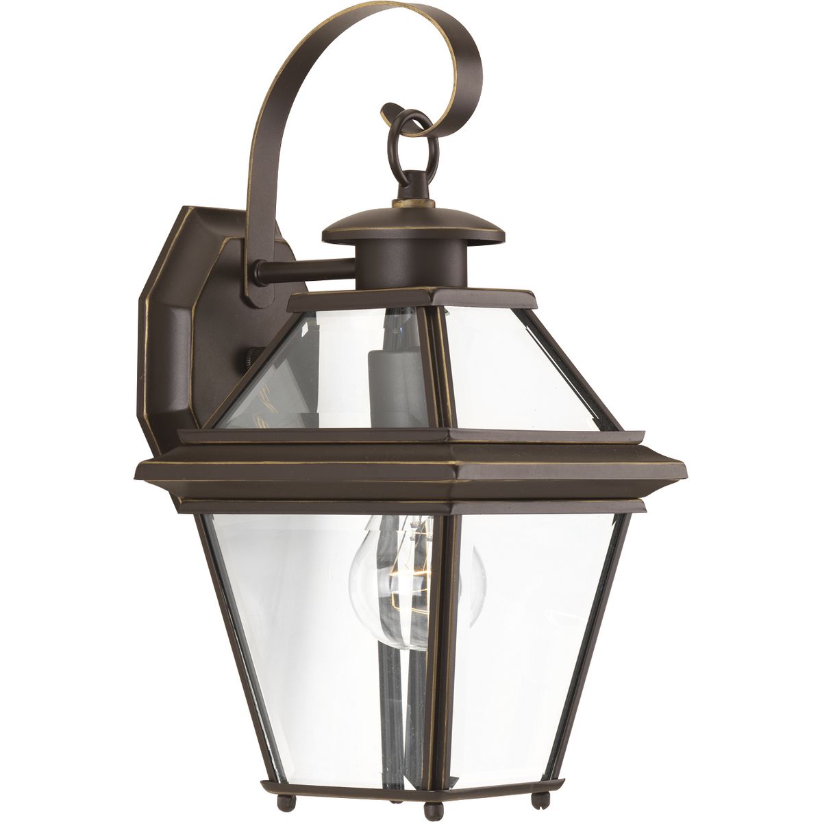 The one-light wall lantern from the Burlington outdoor collection is constructed from aluminum for durable, weather-resistant performance. An Antique Bronze finish complements the clear beveled glass. Open bottom design allows individuals to replace lamps without removing any glass shade.
