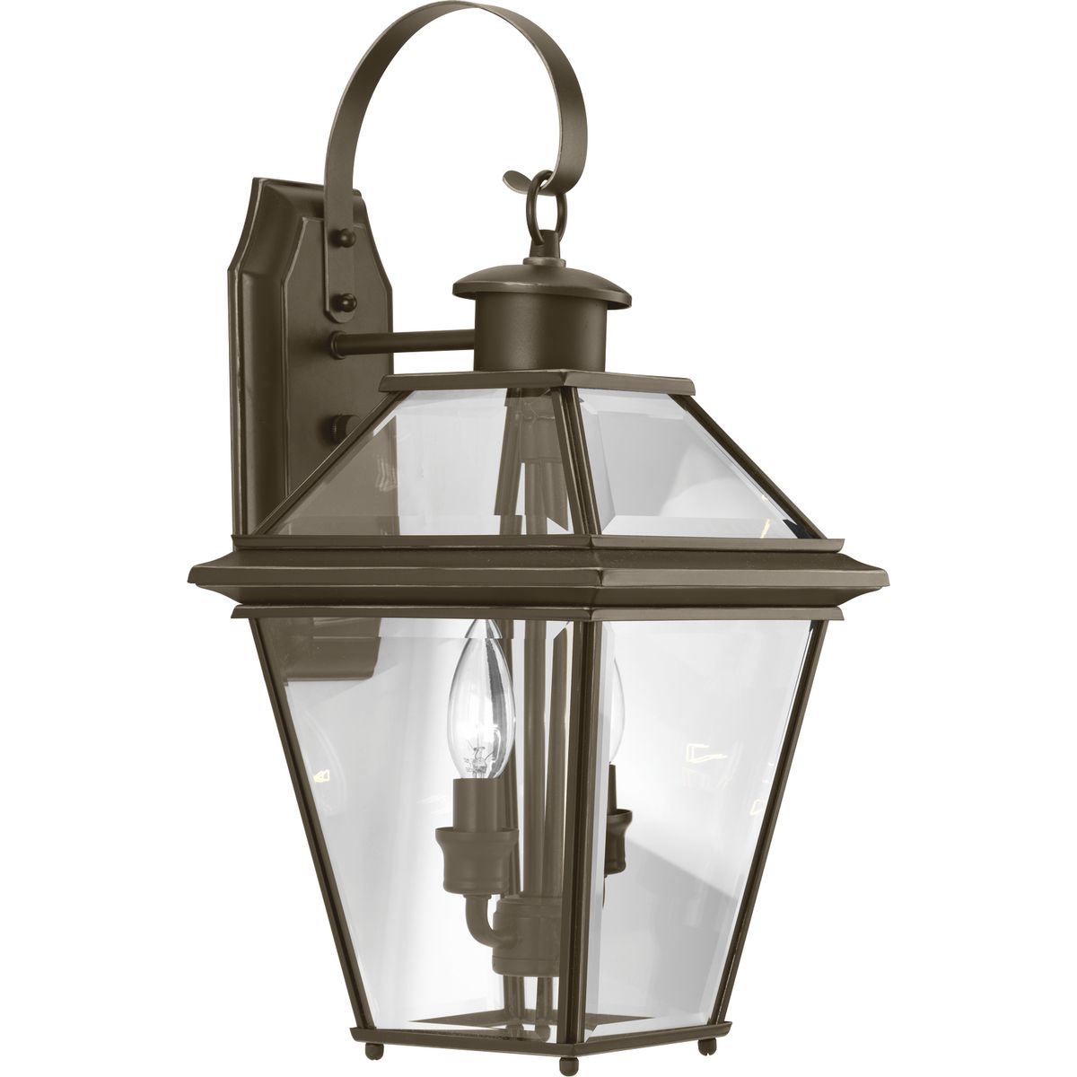 The two-light wall lantern from the Burlington outdoor collection is constructed from aluminum for durable, weather-resistant performance. An Antique Bronze finish complements the clear beveled glass. Open bottom design allows individuals to replace lamps without removing any glass shade.
