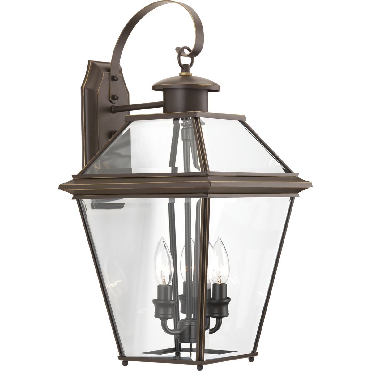 The three-light wall lantern from the Burlington outdoor collection is constructed from aluminum for durable, weather-resistant performance. An Antique Bronze finish complements the clear beveled glass. Open bottom design allows individuals to replace lamps without removing any glass shade.