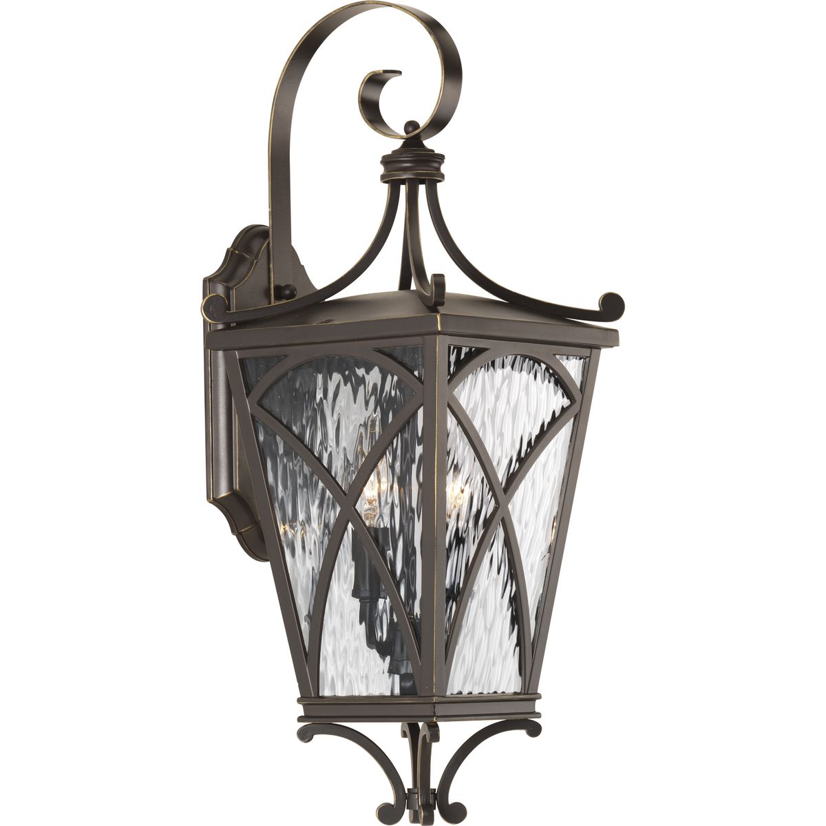 The Cadence two-light wall lantern showcases classic styling with clear water glass panels and traditional lighted clusters. Mediterranean-style frame is finished in Oil Rubbed Bronze. This Design Series collection has four lantern sizes, hanging lantern and post lantern.