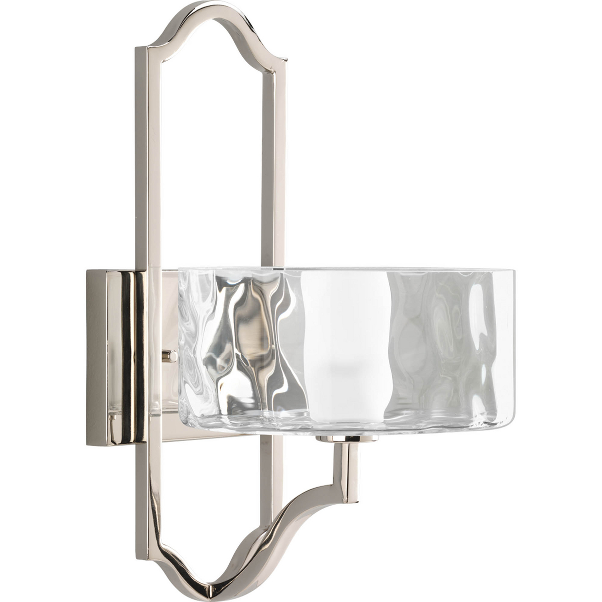 One-light wall sconce. Caress features a chic, sophisticated one-light wall sconce featuring a Polished Nickel metal frame with layered glass diffusers to cast a glimmering light. An outer shade of clear, water glass adds rich texture and playful reflections from a central etched glass diffuser.