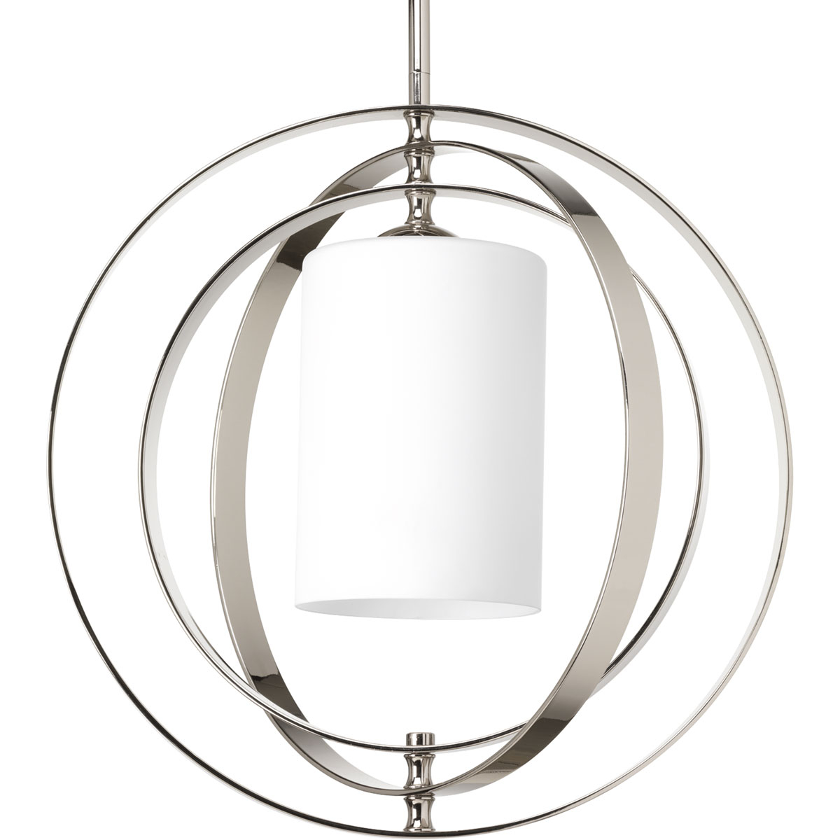 Inspired by ancient astronomy armillary spheres, the interlocking rings pivot for an infinite variety of positions. One-light pendant in Polished Nickel is ideal for installations over a farmhouse table, dining room setting or kitchen island. Can be used individually or in groupings of two or more.