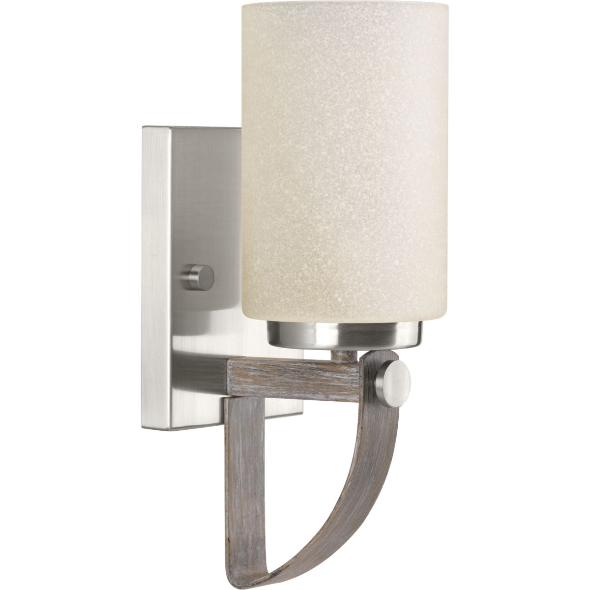 Fixtures within the Aspen Creek collection offer a handsome look for a modern farmhouse or rustic living spaces. Featuring a steel design frame painted to emulate driftwood with Brushed Nickel accents add a modern element. Etched natural parchment glass shade complete the look for this wall sconce.