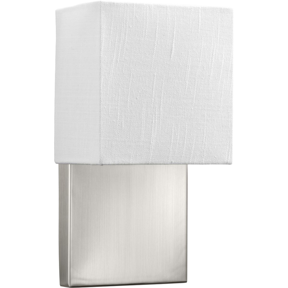 The one-light LED wall sconce has an elegant white linen shade that is open on the top and bottom which diffuses light efficiently. Ideal for bath & vanity and hospitality applications. Brushed Nickel finish.