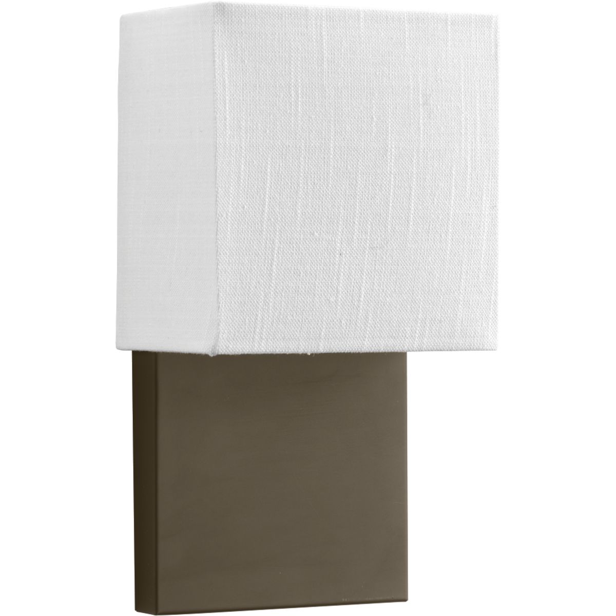 The one-light LED wall sconce has an elegant white linen shade that is open on the top and bottom which diffuses light efficiently. Ideal for bath & vanity and hospitality applications. Architectural Bronze finish.