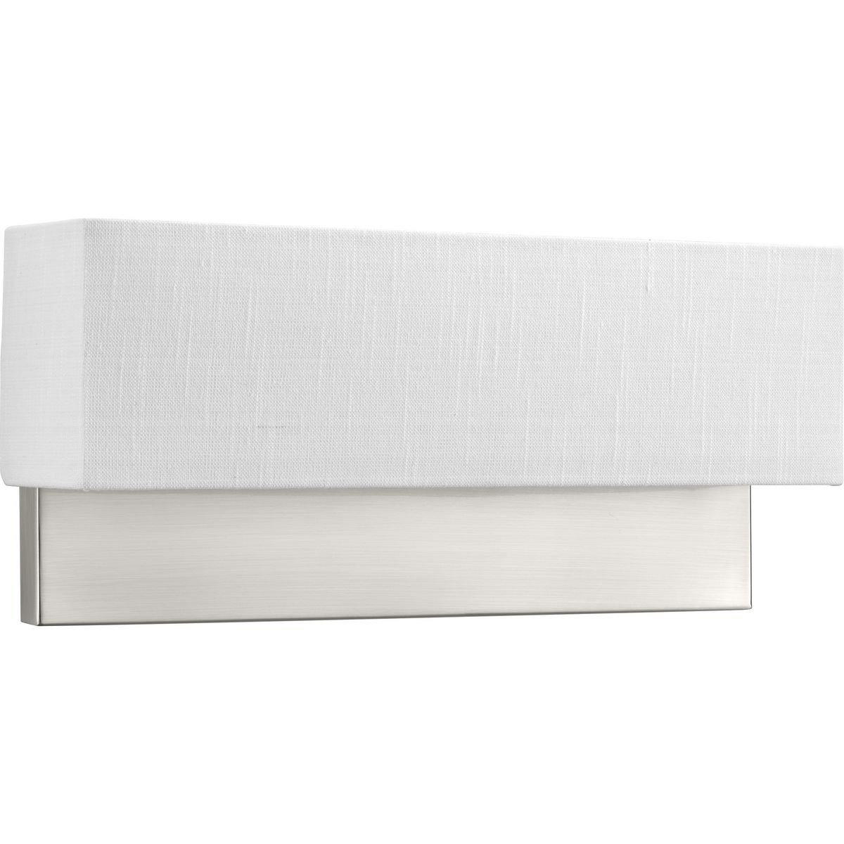 The two-light LED wall sconce has an elegant white linen shade that is open on the top and bottom which diffuses light efficiently. Ideal for bath & vanity and hospitality applications. Brushed Nickel finish.
