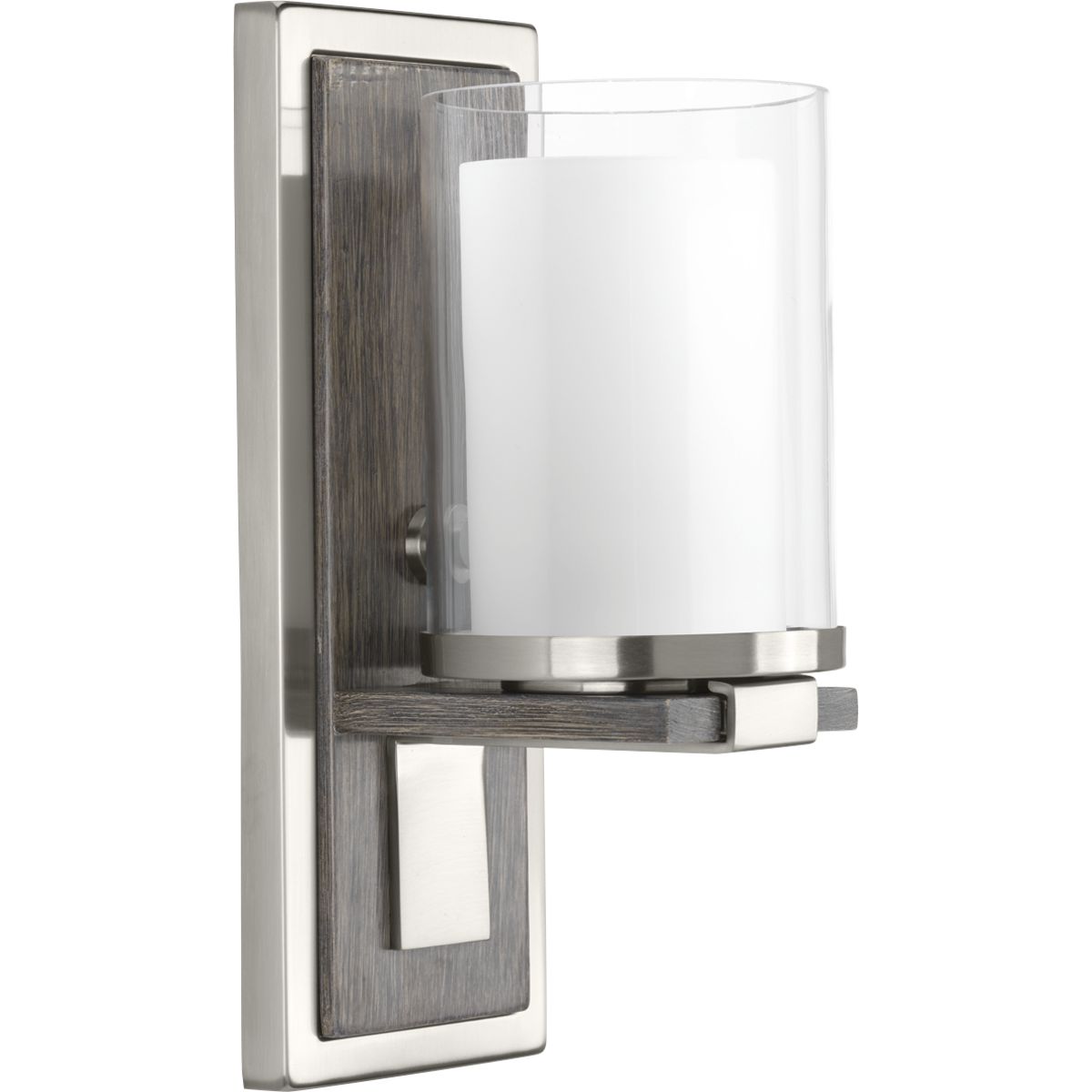 Mast has a zen-like modernism that blends the warmth of a faux-finish wooden backplate with a clean, modern pediment supporting a double-glass diffuser. The combination of clear and etched glass recreates the appearance of a votive candleholder to enhance the calming influence of this distinctive style. Brushed Nickel finish.