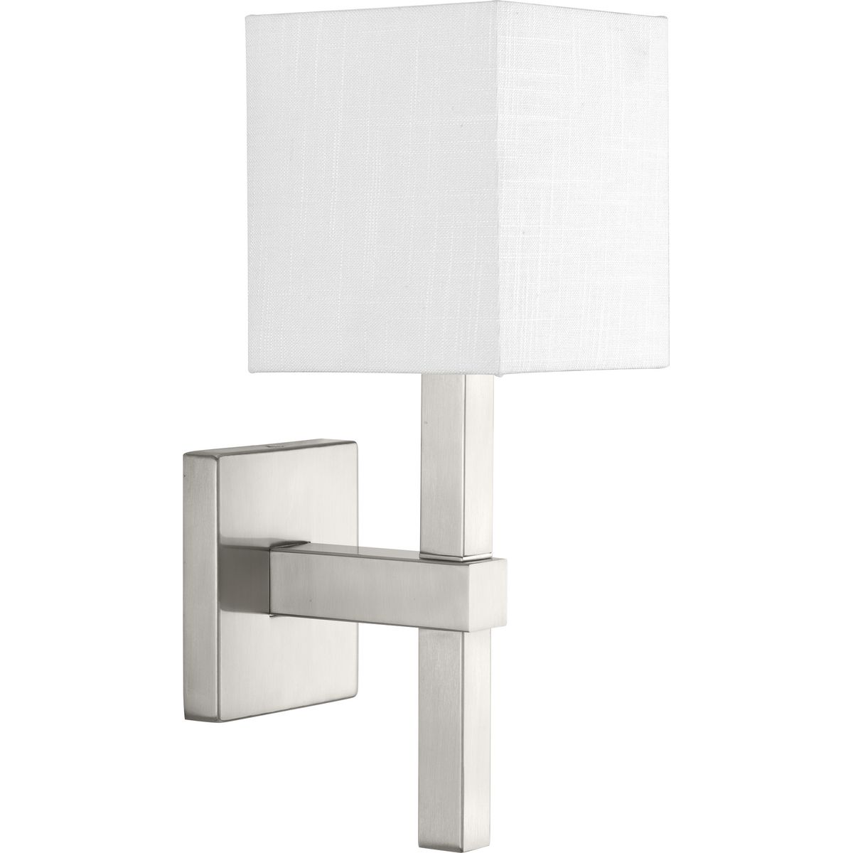 Metro delivers a clean, geometric form with a pleasing balance of angular metal fittings and a crisp linen shade. The stately fixture adds a modern accent with an elegant sense of architectural distinction. Brushed Nickel finish.