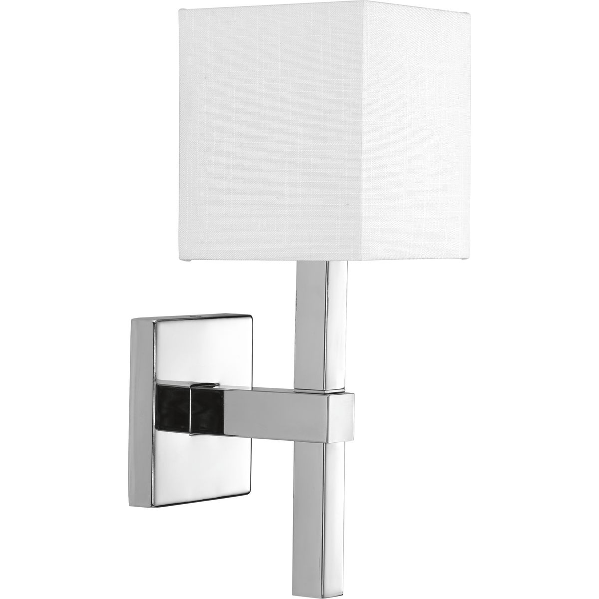 Metro delivers a clean, geometric form with a pleasing balance of angular metal fittings and a crisp linen shade. The stately fixture adds a modern accent with an elegant sense of architectural distinction. Polished Chrome finish.