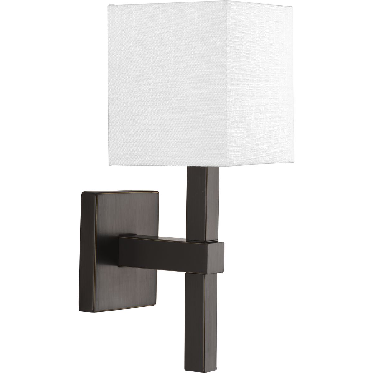 Metro delivers a clean, geometric form with a pleasing balance of angular metal fittings and a crisp linen shade. The stately fixture adds a modern accent with an elegant sense of architectural distinction. Antique Bronze finish.