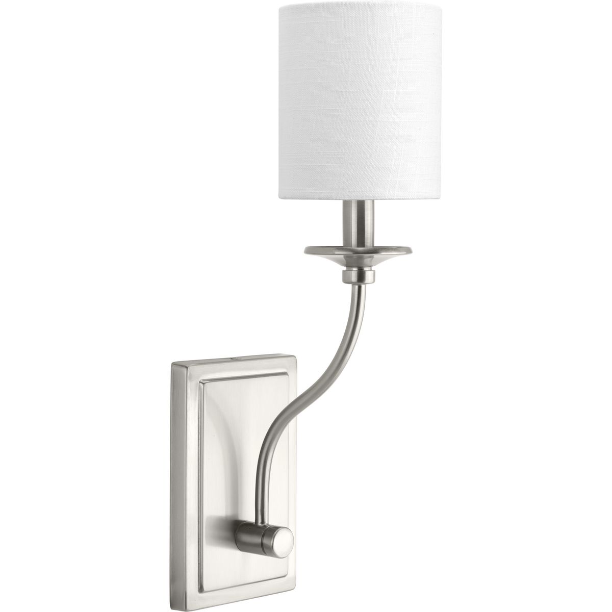 Bonita sconces have a traditional elegance to complement luxurious living with an understated beauty. Crisp metal fittings support a graceful frame and candle topped with a Summer Linen shade. One-Light wall sconce. Brushed Nickel finish.