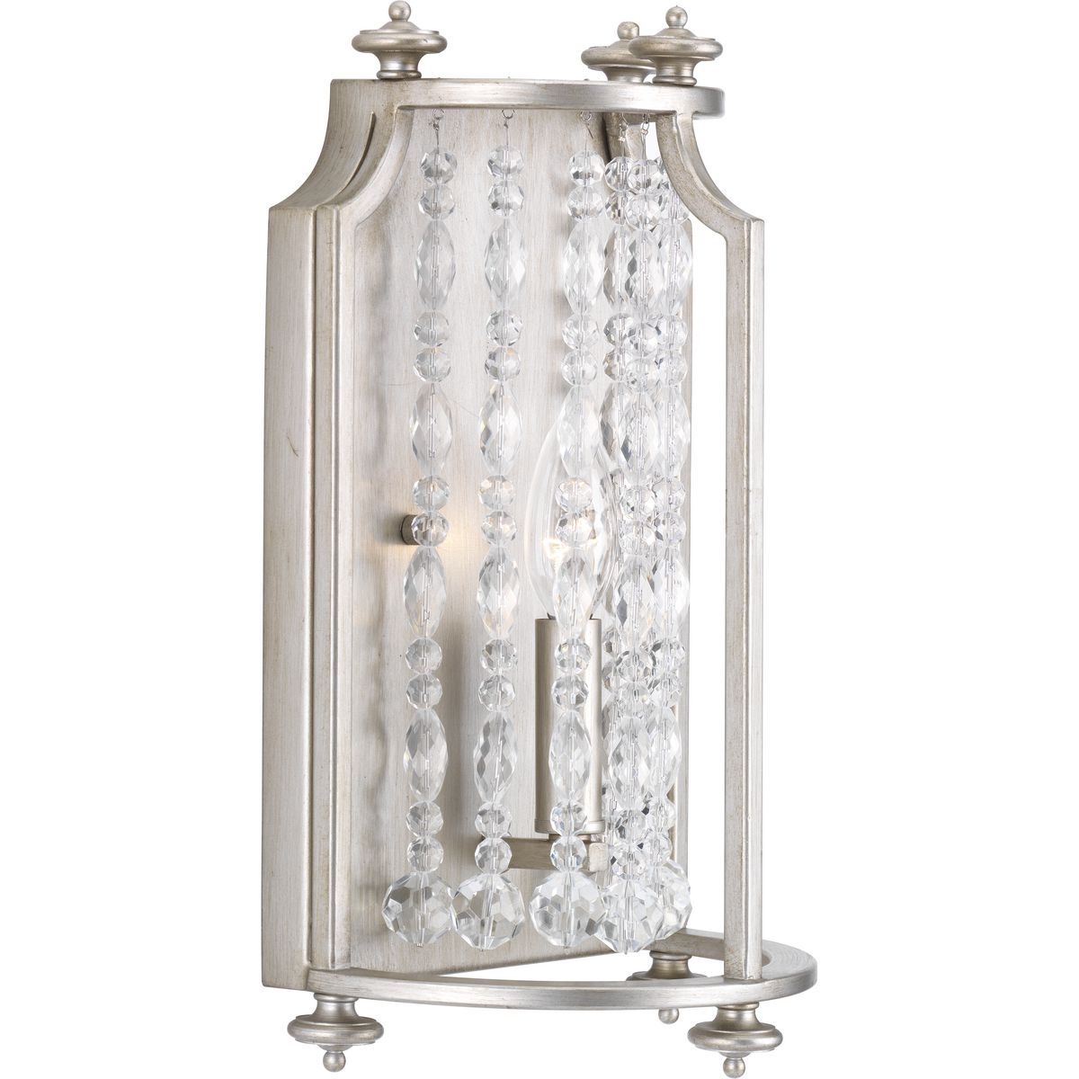 The Desiree collection wall sconce features luxury materials and details reminiscent of Hollywood's  inGolden Era. in A Silver Ridge finish and clear crystal strands cascade in a waterfall effect to convey the glitz and glamour from an iconic time that is making a modern comeback.