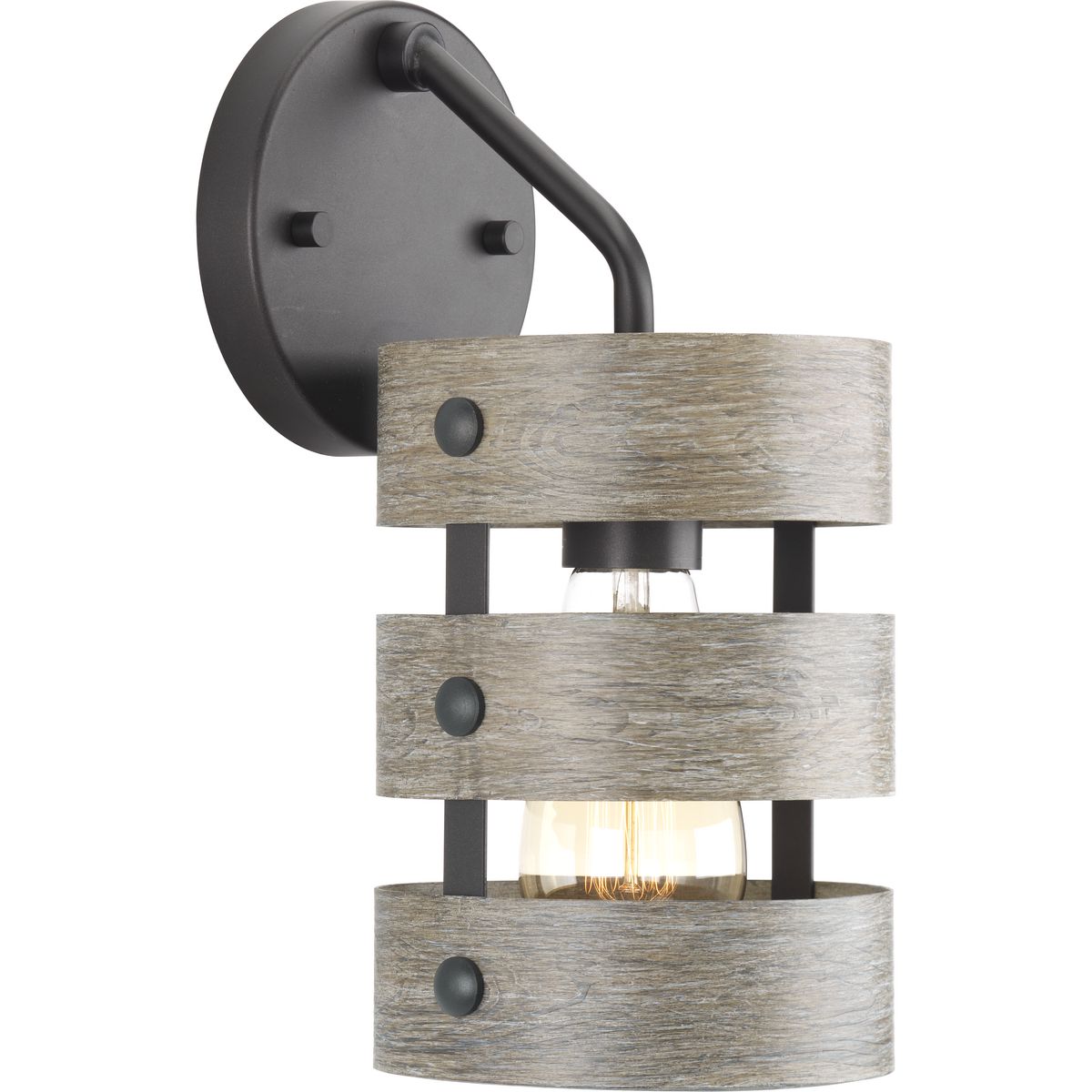 Three circular bands wrap together to create an open design for Gulliver wall sconce. Dual toned frame color combinations of Graphite with weathered gray accents. A hand painted wood grained texture complements Rustic and Modern Farmhouse home decor, as well as Urban Industrial and Coastal interior settings.