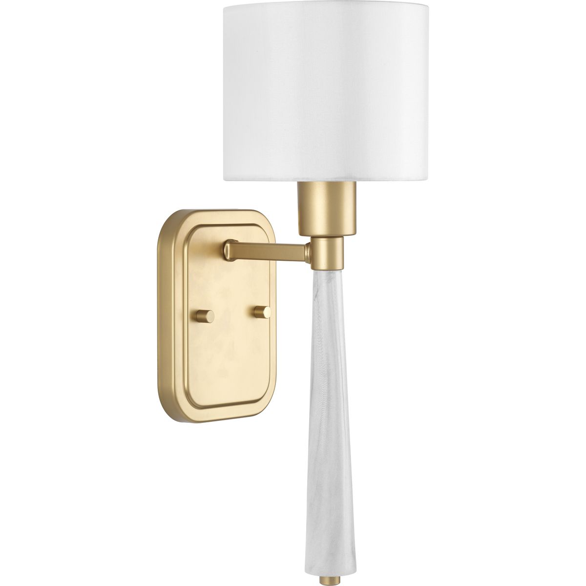 An intriguing fashion-forward lighting collection, Palacio pairs a Vintage Gold finish with faux white marble torch accent for a stunningly elegant design. White silk shade complement gold accents to create a statement-making style. One-light wall sconce is Ideal for a variety of interiors.