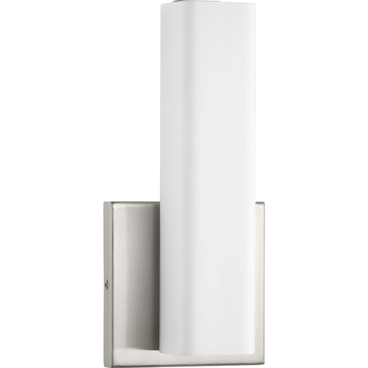 Beam LED vanity and sconces feature a squared, tubular opal glass diffuser paired with a simple, modern metal canopy. An integrated LED source provides a variety of energy and cost savings benefits. Suitable for residential and commercial applications. One-Light LED Wall Bracket. Brushed Nickel finish.