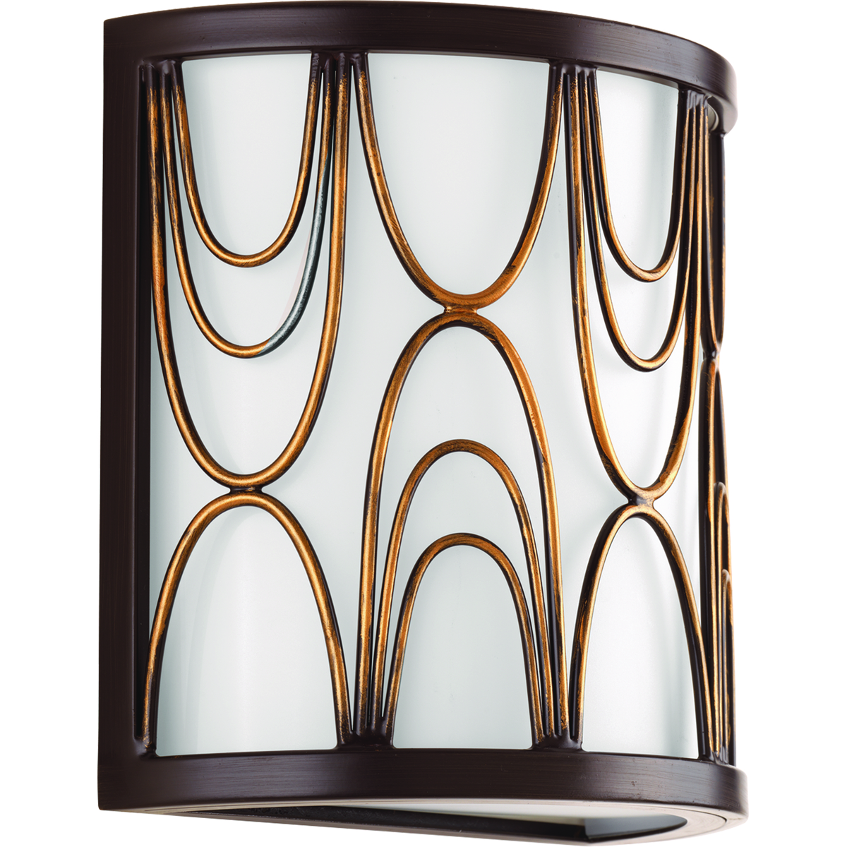 The one-light wall sconce in the Cirrine collection appeals to the creative spirit within all of us. Hand formed arching elements are highlighted by an artistic painted finish the feathers from a rich bronze tone to a vintage brass accent. Etched white glass complements the artistic frame.