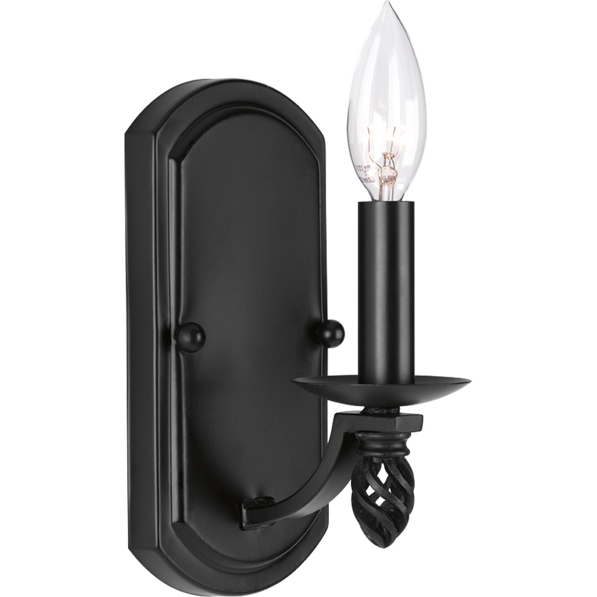 A black iron frame with twist elements takes center stage in this Greyson one-light wall sconce.