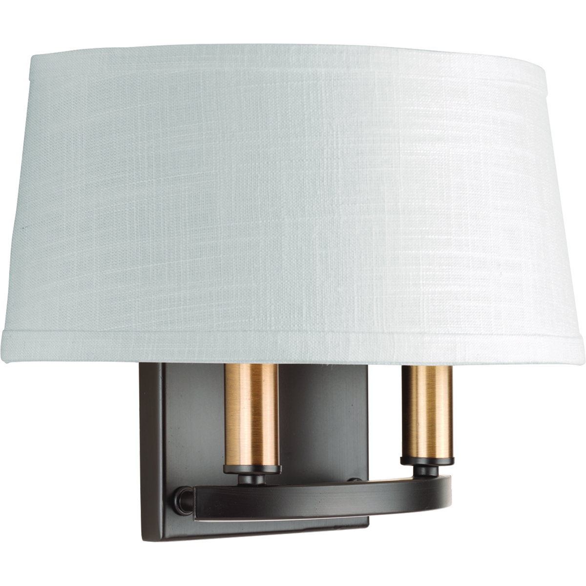 Classic two-light elegant wall sconce modernized with a summer linen shade. The fixture includes both bronze and antique brass candle cover options to allow homeowners to complement mixed metal styling within a room.