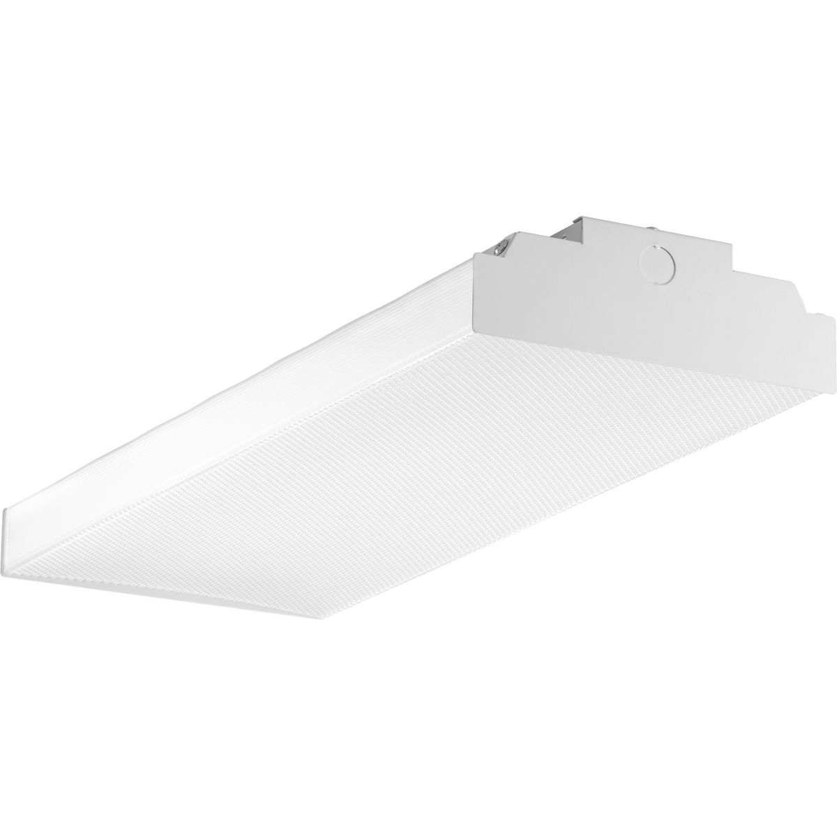 Wrap around with clear extruded acrylic diffuser. Squared white end caps. Surface mounted white chassis regressed within trim. The fixture is energy efficient LED with 2324 lumens and 101 lumens per watt (delivered). 3000K 80 CRI. ENERGY STAR.