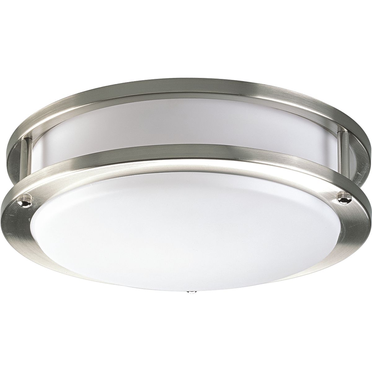 One-Light Brushed Nickel LED close-to-ceiling. Surface mount round with clean modern lines and white acrylic diffuser. DC LED light engine with 1027 delivered lumens at 3000K and 90+ CRI.
