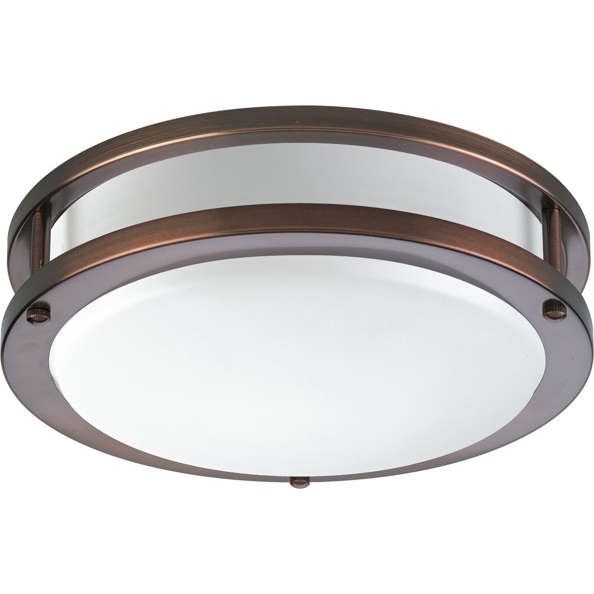One-Light Urban Bronze LED close-to-ceiling. Surface mount round with clean modern lines and white acrylic diffuser. DC LED light engine with 1027 delivered lumens at 3000K and 90+ CRI.