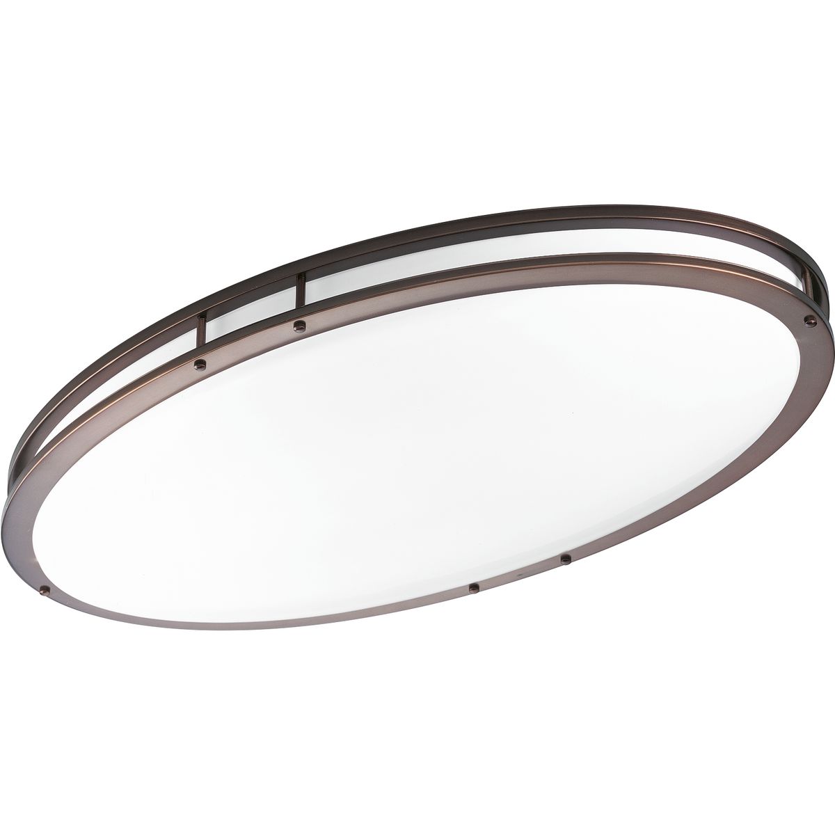 One-Light Urban Bronze LED close-to-ceiling. Surface mount oval with clean modern lines and white acrylic diffuser. DC LED light engine with 2649 delivered lumens at 3000K and 90+ CRI.