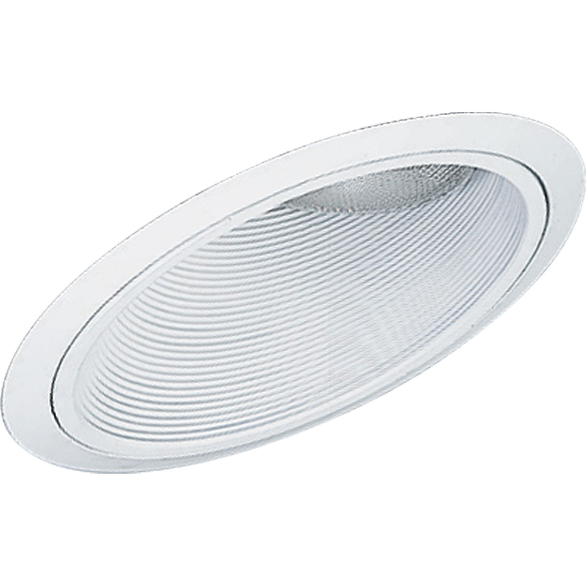Sloped ceiling baffle for insulated ceilings in a White finish and bright white powder painted steel flange and ball.
