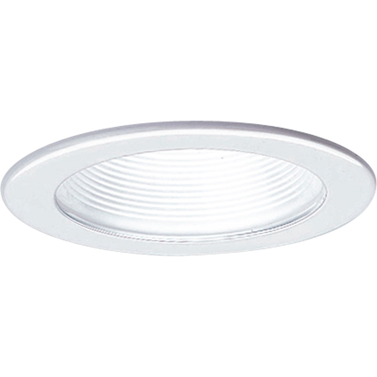 4 in step baffle trim in White finish with matching white powder coated flange. All trims have 360 positioning. Lamps tilt 30 max. 5 in outside diameter.