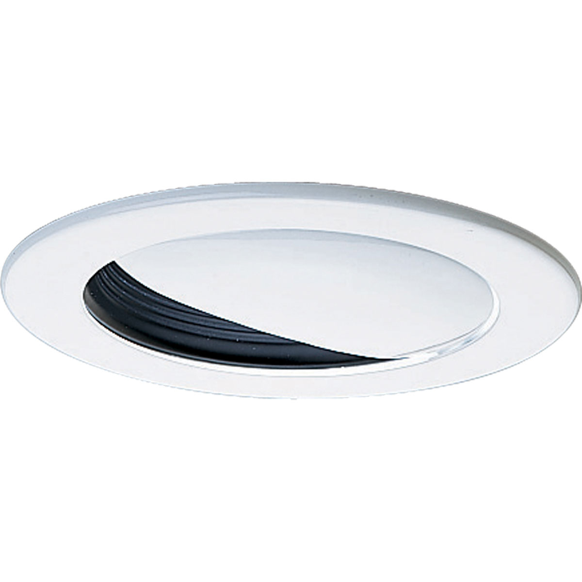 4 in Wall Washer Trim in a Black finish with bright white powdered painted metal flange. 360 positioning, tilt 20. 5 in outside diameter.