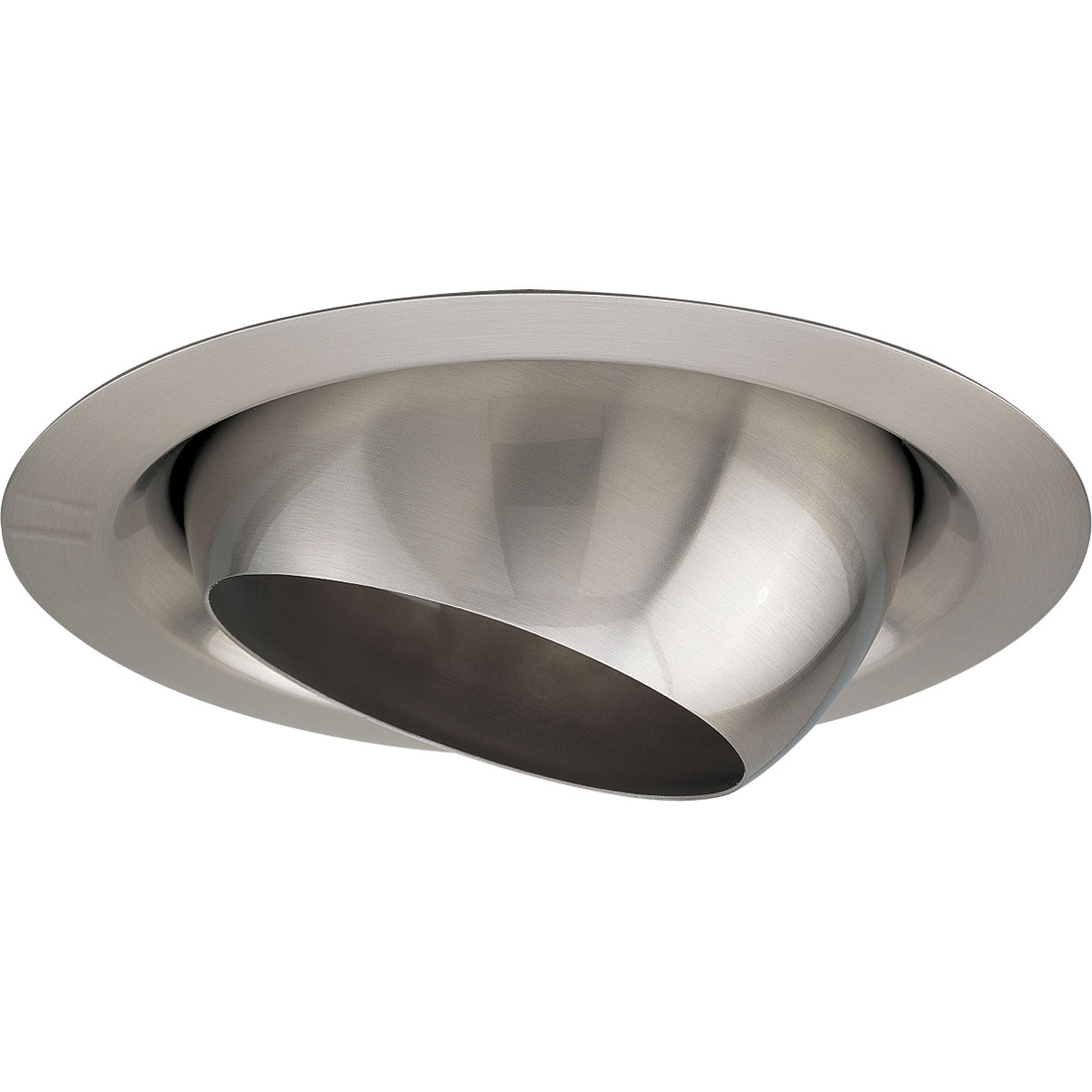 6 in Eyeball Trim in Brushed Nickel finish. For insulated ceilings. Rotates 358, tilts 30 max. 7-3/4 in outside diameter.